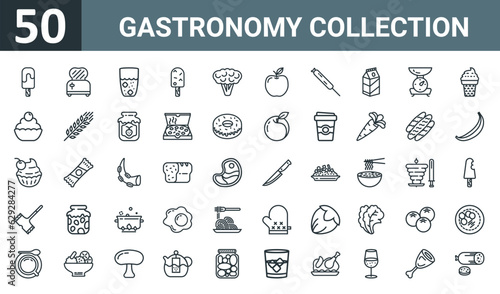 set of 50 outline web gastronomy collection icons such as ice cream, toaster, glass, ice cream, cauliflower, , corndog vector thin icons for report, presentation, diagram, web design, mobile app.