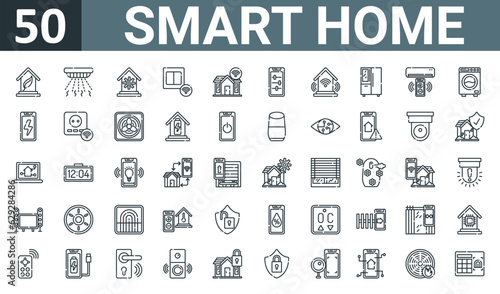 set of 50 outline web smart home icons such as eco house, smoke detector, automation, switch, smart home, tings, wireless vector thin icons for report, presentation, diagram, web design, mobile app.