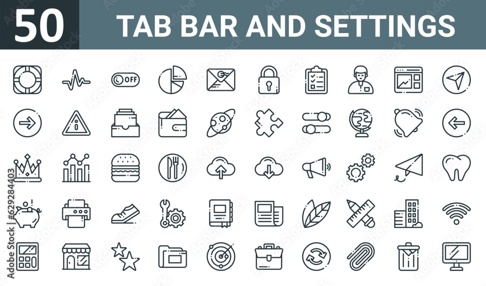 set of 50 outline web tab bar and settings icons such as support, heart rate, off, charts, mail, lock, clipboard vector thin icons for report, presentation, diagram, web design, mobile app.