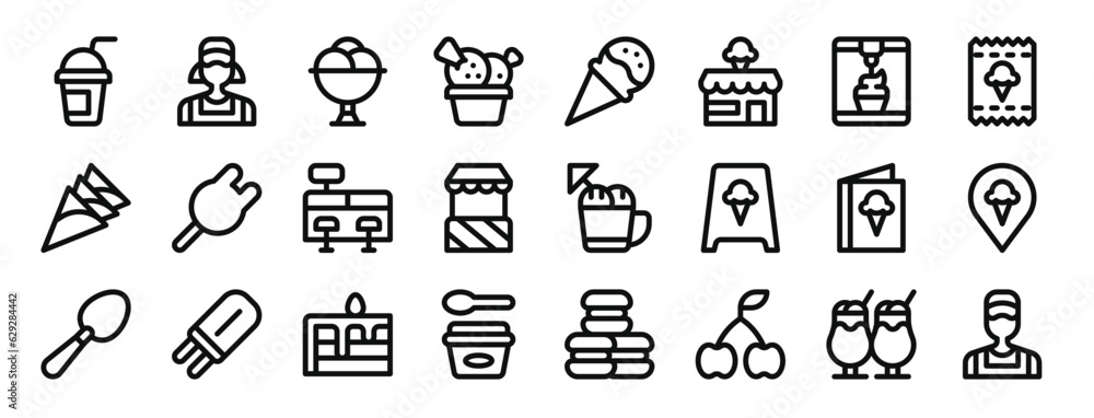 set of 24 outline web ice cream shop icons such as smoothie, clerk, ice cream, ice cream, shop, vector icons for report, presentation, diagram, web design, mobile app set of 24 outline web ice cream shop icons such as smoothie, clerk, ice cream, ice cream, shop, vector icons for report, presentation, diagram, web design, mobile app