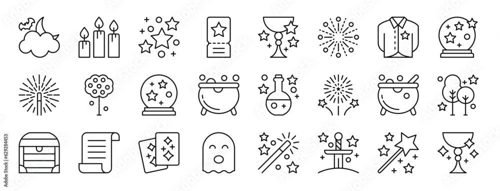 set of 24 outline web magic icons such as night, candle, magic, tickets, potion, magic, shirt vector icons for report, presentation, diagram, web design, mobile app