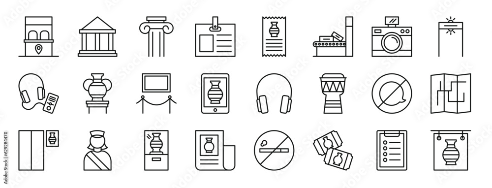 set of 24 outline web museum icons such as ticket office, museum, column, id card, invoice, metal detector, photo camera vector icons for report, presentation, diagram, web design, mobile app