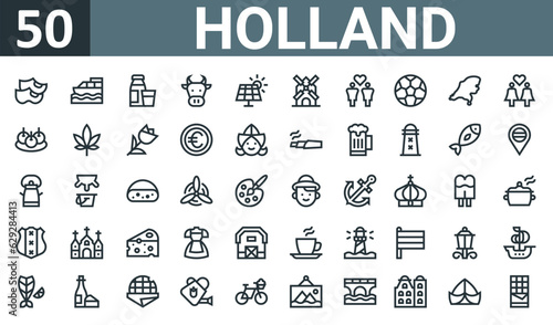 set of 50 outline web holland icons such as clogs, boat, diary product, cow, solar panel, windmill, same sex marriage vector thin icons for report, presentation, diagram, web design, mobile app.