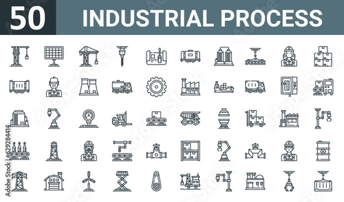 set of 50 outline web industrial process icons such as crane, solar panel, crane, drill, plan, tank, tank vector thin icons for report, presentation, diagram, web design, mobile app.
