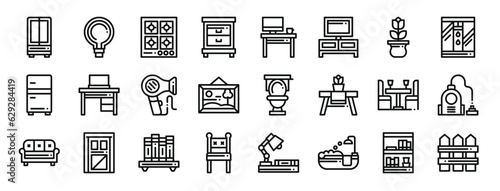set of 24 outline web home and living icons such as wardrobe, lightbulb, cooker, nightstand, desk, tv, flower vector icons for report, presentation, diagram, web design, mobile app