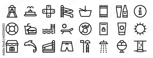 set of 24 outline web water park icons such as slider, fountain, plaster, slider, basket, towel, beer vector icons for report, presentation, diagram, web design, mobile app