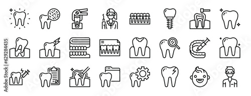 set of 24 outline web dental icons such as tooth, bacteria, tooth, dentist, dental, dental implant, care vector icons for report, presentation, diagram, web design, mobile app