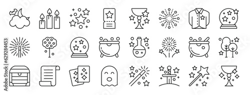 set of 24 outline web magic icons such as night, candle, magic, tickets, potion, magic, shirt vector icons for report, presentation, diagram, web design, mobile app