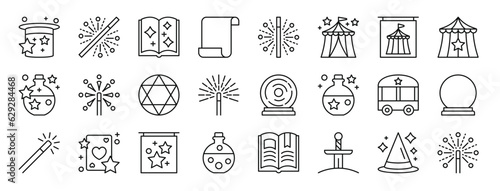 set of 24 outline web magic icons such as magic hat, magic wand, spellbook, scroll, wand, tent, tent vector icons for report, presentation, diagram, web design, mobile app