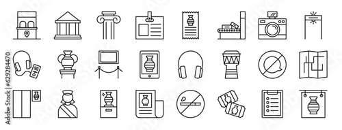 set of 24 outline web museum icons such as ticket office, museum, column, id card, invoice, metal detector, photo camera vector icons for report, presentation, diagram, web design, mobile app