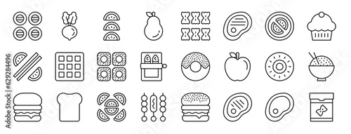 set of 24 outline web food icons such as sushi, beetroot, lime, pear, pasta, meat, fruit vector icons for report, presentation, diagram, web design, mobile app