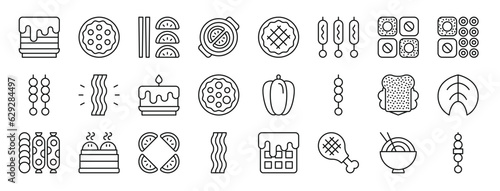 set of 24 outline web food icons such as pancakes, cookie, starter, pot, pie, kebab, sushi vector icons for report, presentation, diagram, web design, mobile app