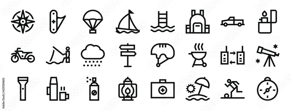 set of 24 outline web outdoor activities icons such as windrose, jackknife, parachute, sailboat, swimming pool, backpack, x vector icons for report, presentation, diagram, web design, mobile app set of 24 outline web outdoor activities icons such as windrose, jackknife, parachute, sailboat, swimming pool, backpack, x vector icons for report, presentation, diagram, web design, mobile app