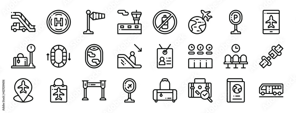 set of 24 outline web airport icons such as aircraft stairs, hel, wind, control tower, plastic bottle, world, vector icons for report, presentation, diagram, web design, mobile app
