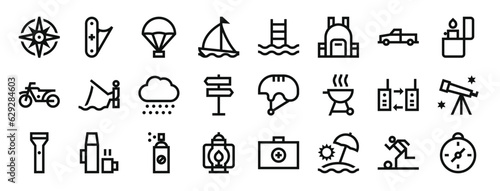 set of 24 outline web outdoor activities icons such as windrose, jackknife, parachute, sailboat, swimming pool, backpack, x vector icons for report, presentation, diagram, web design, mobile app