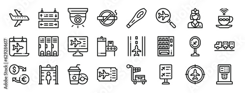 set of 24 outline web airport icons such as airplane, flight information, cctv, no smoking, metal detector, search, flight attendant vector icons for report, presentation, diagram, web design,