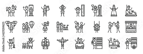 set of 24 outline web amusement park icons such as cotton candy, dispenser, stuffed animal, clown, height, game, bearded woman vector icons for report, presentation, diagram, web design, mobile app