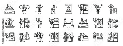 set of 24 outline web amusement park icons such as amusement park, acrobat, tamer, swallow, ticket office, bottle, magician vector icons for report, presentation, diagram, web design, mobile app