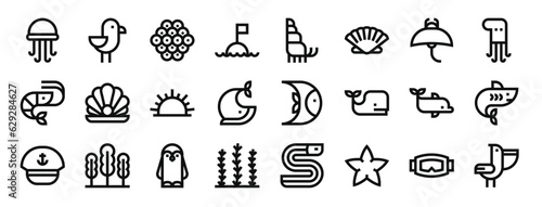 Tableau sur toile set of 24 outline web sea life icons such as jellyfish, seagull, caviar, buoy, h