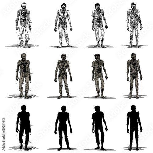 set of silhouettes of zombies, line art dead man walking, vector cartoon spooky monster halloween, isolated on transparent background.