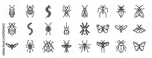 set of 24 outline web insects icons such as madagascar hissing cockroach, beetle, worm, ant, firefly, spider, leaf insect vector icons for report, presentation, diagram, web design, mobile app