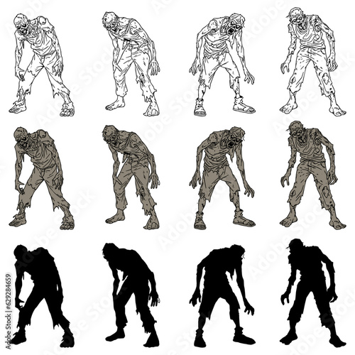 set of silhouettes of zombies, line art dead man walking, vector cartoon spooky monster halloween, isolated on transparent background.