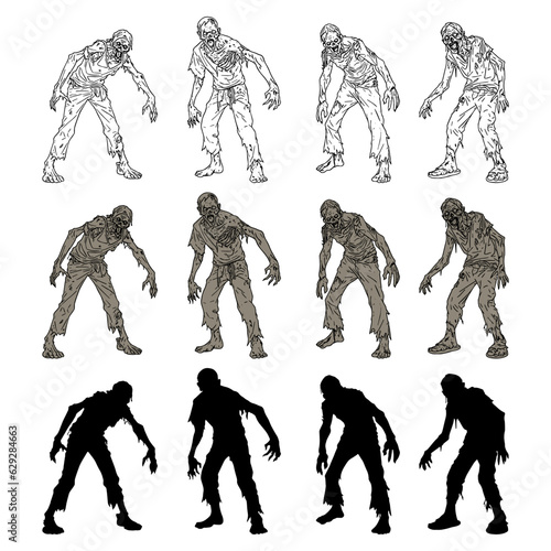 set of silhouettes of zombies, line art dead man walking, vector cartoon spooky monster halloween, isolated on transparent background.