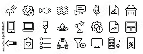 set of 24 outline web miscellaneous icons such as umbrella, tings, fish, water, chat, microphone, image vector icons for report, presentation, diagram, web design, mobile app