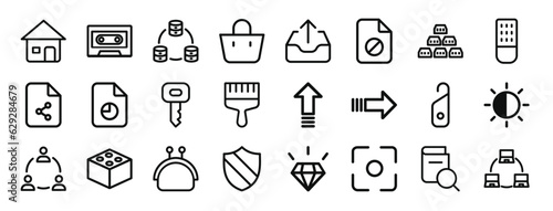 set of 24 outline web miscellaneous icons such as home, caste, server, shopping bags, outbox, file, gold ingot vector icons for report, presentation, diagram, web design, mobile app