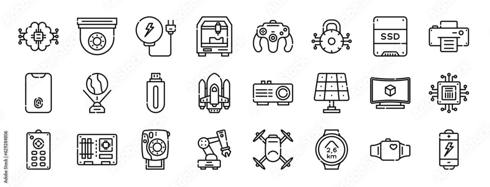set of 24 outline web technology icons such as brain, cctv, wireless, d printer, game controller, smart lock, ssd vector icons for report, presentation, diagram, web design, mobile app
