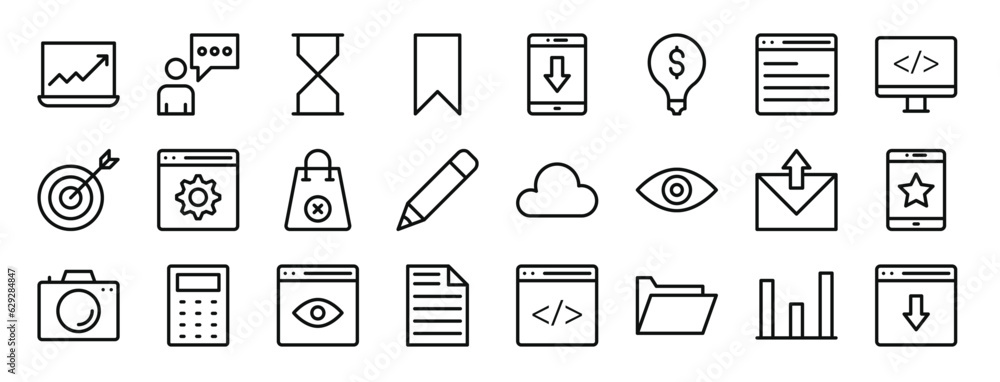 set of 24 outline web seo and marketing icons such as analytics, chat, clock, badge, cellphone, business and finance, browser vector icons for report, presentation, diagram, web design, mobile app set of 24 outline web seo and marketing icons such as analytics, chat, clock, badge, cellphone, business and finance, browser vector icons for report, presentation, diagram, web design, mobile app