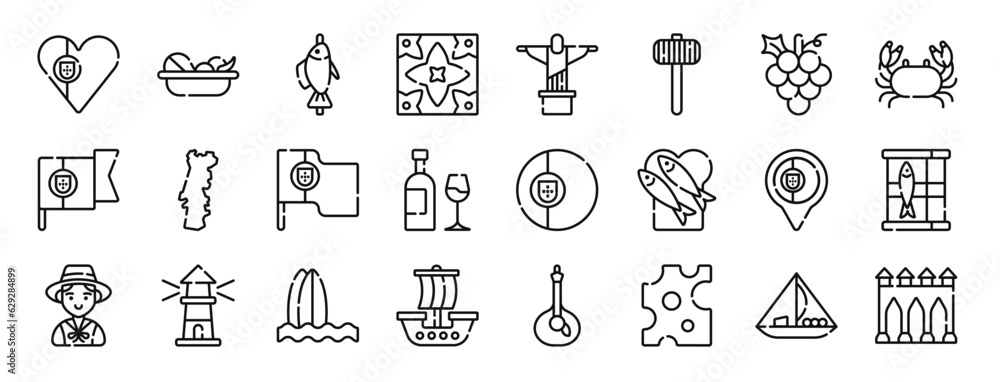 set of 24 outline web portugal icons such as portugal, food, fish, tile, jesus, hammer, grapes vector icons for report, presentation, diagram, web design, mobile app