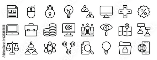 set of 24 outline web business icons such as file, mouse, padlock, light bulb, users, monitor, move vector icons for report, presentation, diagram, web design, mobile app
