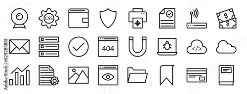 set of 24 outline web web design and programming icons such as cam, css, billfold, check, ink, archive, communications vector icons for report, presentation, diagram, web design, mobile app