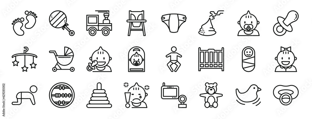 set of 24 outline web baby stuff icons such as footprint, rattle, train, baby chair, diaper, poo, baby vector icons for report, presentation, diagram, web design, mobile app