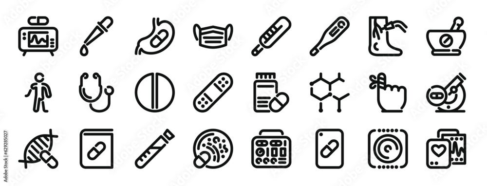 set of 24 outline web medicines icons such as cardiogram, pipette, stoh, mask, thermometer, thermometer, laser vector icons for report, presentation, diagram, web design, mobile app set of 24 outline web medicines icons such as cardiogram, pipette, stoh, mask, thermometer, thermometer, laser vector icons for report, presentation, diagram, web design, mobile app