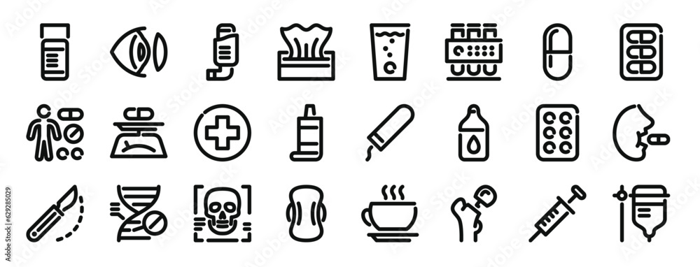set of 24 outline web medicines icons such as pills, contact lens, inhaler, napkins, glass of water, test tubes, pill vector icons for report, presentation, diagram, web design, mobile app set of 24 outline web medicines icons such as pills, contact lens, inhaler, napkins, glass of water, test tubes, pill vector icons for report, presentation, diagram, web design, mobile app