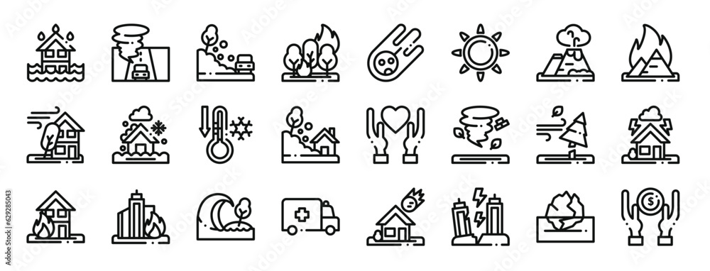 set of 24 outline web natural disaster icons such as ecology and environment, automobile, car, burning, asteroid, meteorology, danger vector icons for report, presentation, diagram, web design, set of 24 outline web natural disaster icons such as ecology and environment, automobile, car, burning, asteroid, meteorology, danger vector icons for report, presentation, diagram, web design,