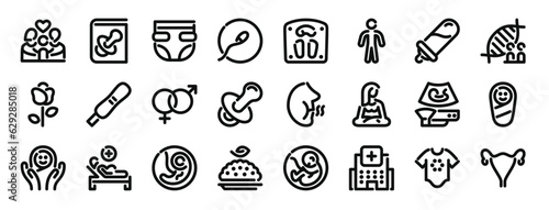 set of 24 outline web pregnancy icons such as family, book, diaper, fertilization, weight, man, feeder vector icons for report, presentation, diagram, web design, mobile app