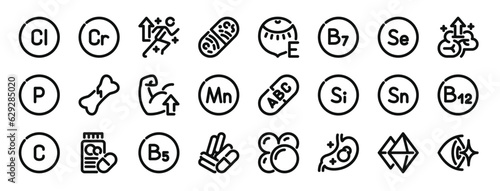 set of 24 outline web vitamin icons such as vitamin, vitamin, power, enzyme, nut, vector icons for report, presentation, diagram, web design, mobile app