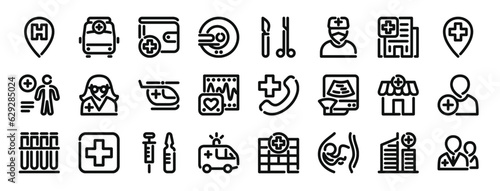 set of 24 outline web hospital icons such as pin, ambulance, wallet, mri, surgery, surgeon, hospital vector icons for report, presentation, diagram, web design, mobile app