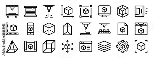 set of 24 outline web d printing icons such as d printing, filament, d printer, cube, cube, cube vector icons for report, presentation, diagram, web design, mobile app