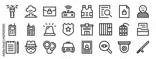 set of 24 outline web crime icons such as stun gun, explosion, confidential, transmitter, bulletproof vest, investigation, secret vector icons for report, presentation, diagram, web design, mobile