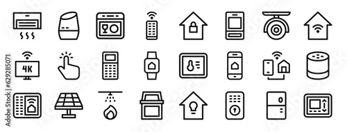 set of 24 outline web smart home icons such as air conditioner, home assistant, dishwasher, remote control, lock, sensor, cctv vector icons for report, presentation, diagram, web design, mobile app