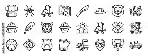 set of 24 outline web jungle icons such as backpack, mosquito, bird, map, hete, hat, lion vector icons for report, presentation, diagram, web design, mobile app