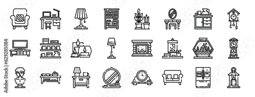 set of 24 outline web home decoration icons such as armchair, desk, lamp, bookshelf, plants, dressing table, counter vector icons for report, presentation, diagram, web design, mobile app