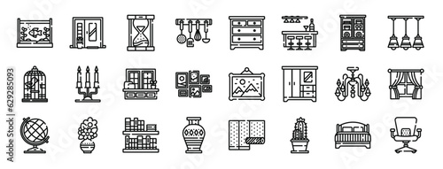 set of 24 outline web home decoration icons such as aquarium, door, hourglass, kitchen, drawer, kitchen, cupboard vector icons for report, presentation, diagram, web design, mobile app