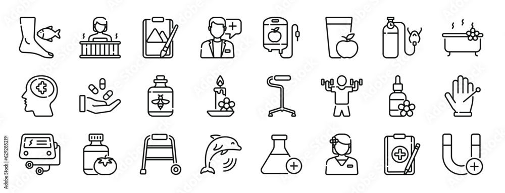 set of 24 outline web theraphy icons such as fish, warm water, art therapy, doctor, iv, juice, oxygen tank vector icons for report, presentation, diagram, web design, mobile app
