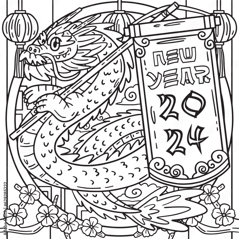 Year of the Dragon New Year Banner 2024 Coloring