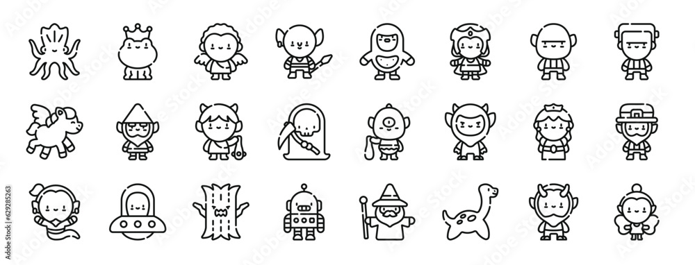 set of 24 outline web fantastic characters icons such as kraken, frog, angel, goblin, bigfoot, princess, ogre vector icons for report, presentation, diagram, web design, mobile app set of 24 outline web fantastic characters icons such as kraken, frog, angel, goblin, bigfoot, princess, ogre vector icons for report, presentation, diagram, web design, mobile app